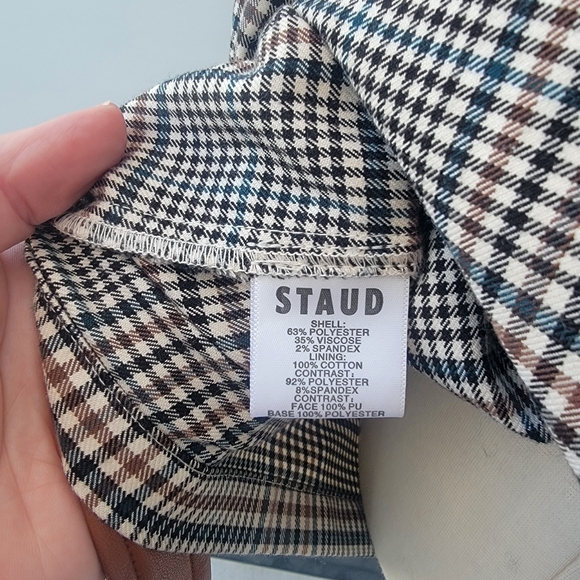 STAUD Plaid Mini Dress Size 8 Glen Check Gray Brown Faux Leather Minimalist Boho - Picture 13 of 16
